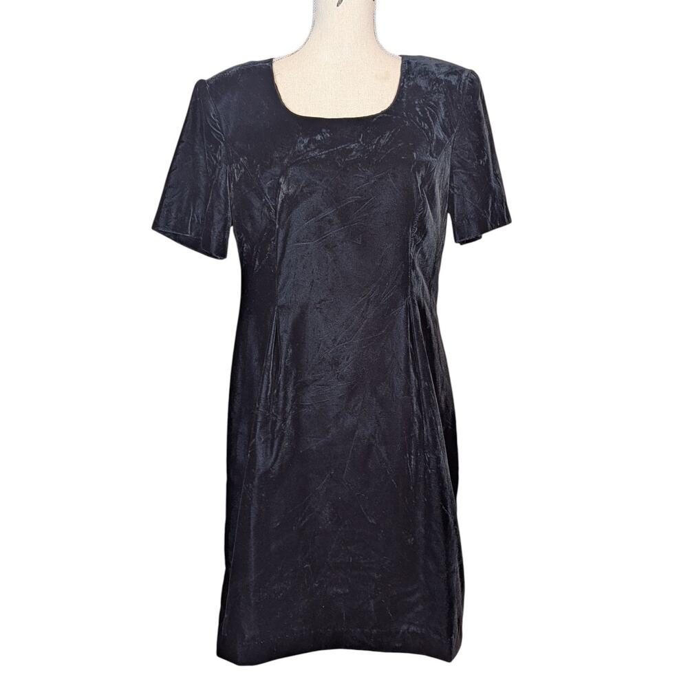 90s Vintage Crushed Velvet Short Sleeve Dress by Sag Harbor Black Size 14